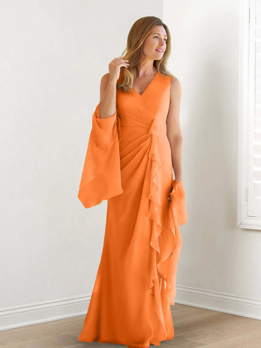 V-Neck Sleeveless Floor-Length Mother of the Bride Gown with Wraps & Ruffles