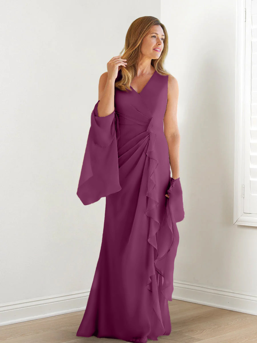V-Neck Sleeveless Floor-Length Mother of the Bride Gown with Wraps & Ruffles