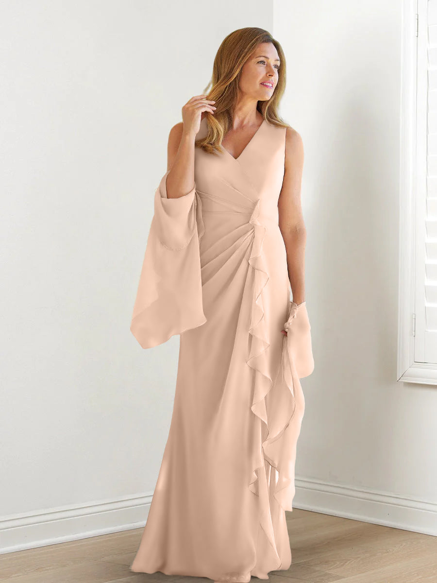 V-Neck Sleeveless Floor-Length Mother of the Bride Gown with Wraps & Ruffles