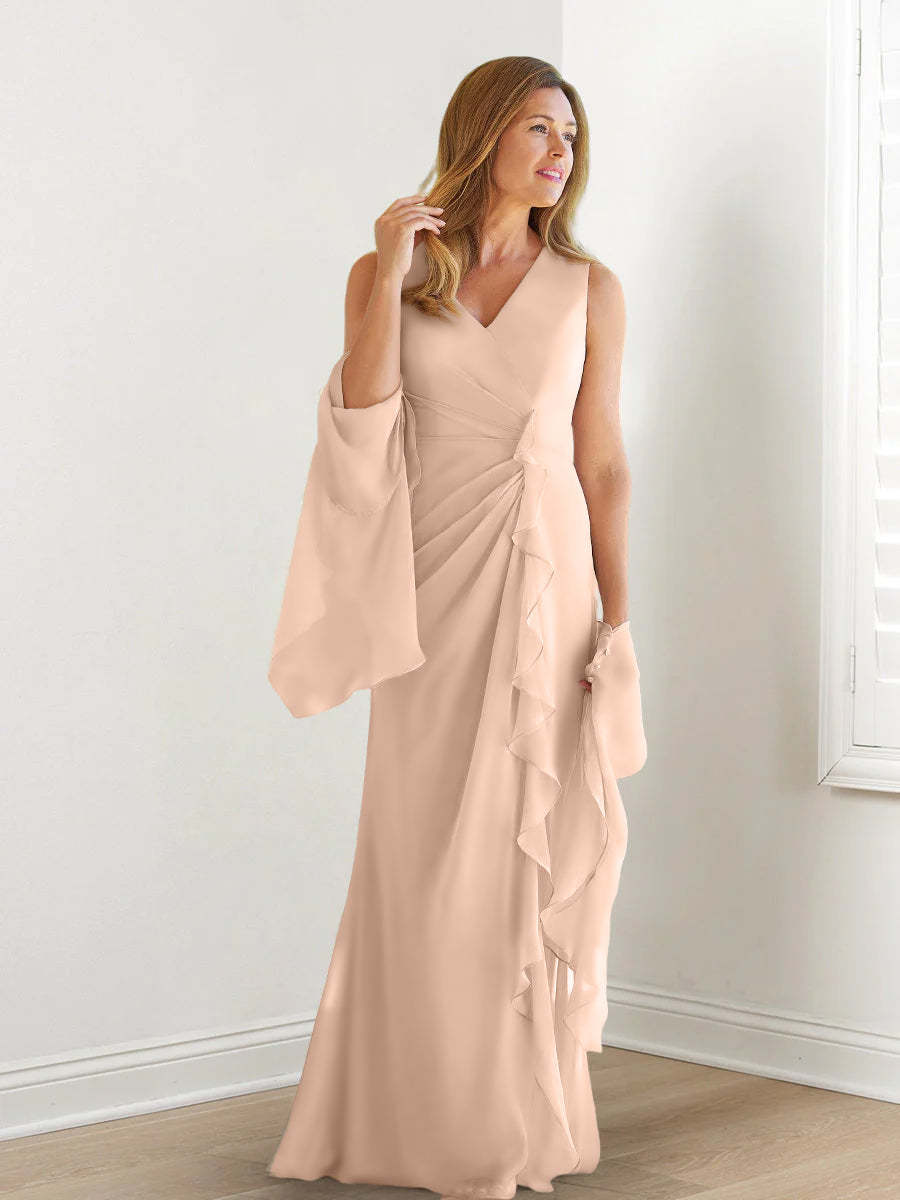 V-Neck Sleeveless Floor-Length Mother of the Bride Gown with Wraps & Ruffles
