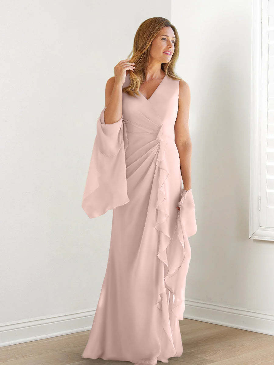 V-Neck Sleeveless Floor-Length Mother of the Bride Gown with Wraps & Ruffles