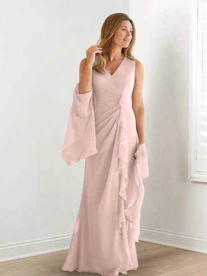 V-Neck Sleeveless Floor-Length Mother of the Bride Gown with Wraps & Ruffles