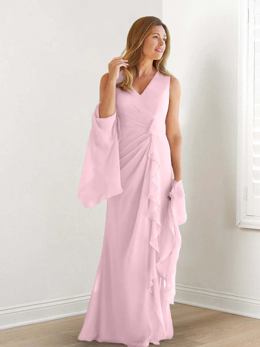 V-Neck Sleeveless Floor-Length Mother of the Bride Gown with Wraps & Ruffles