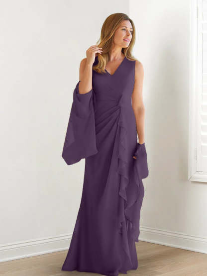 V-Neck Sleeveless Floor-Length Mother of the Bride Gown with Wraps & Ruffles