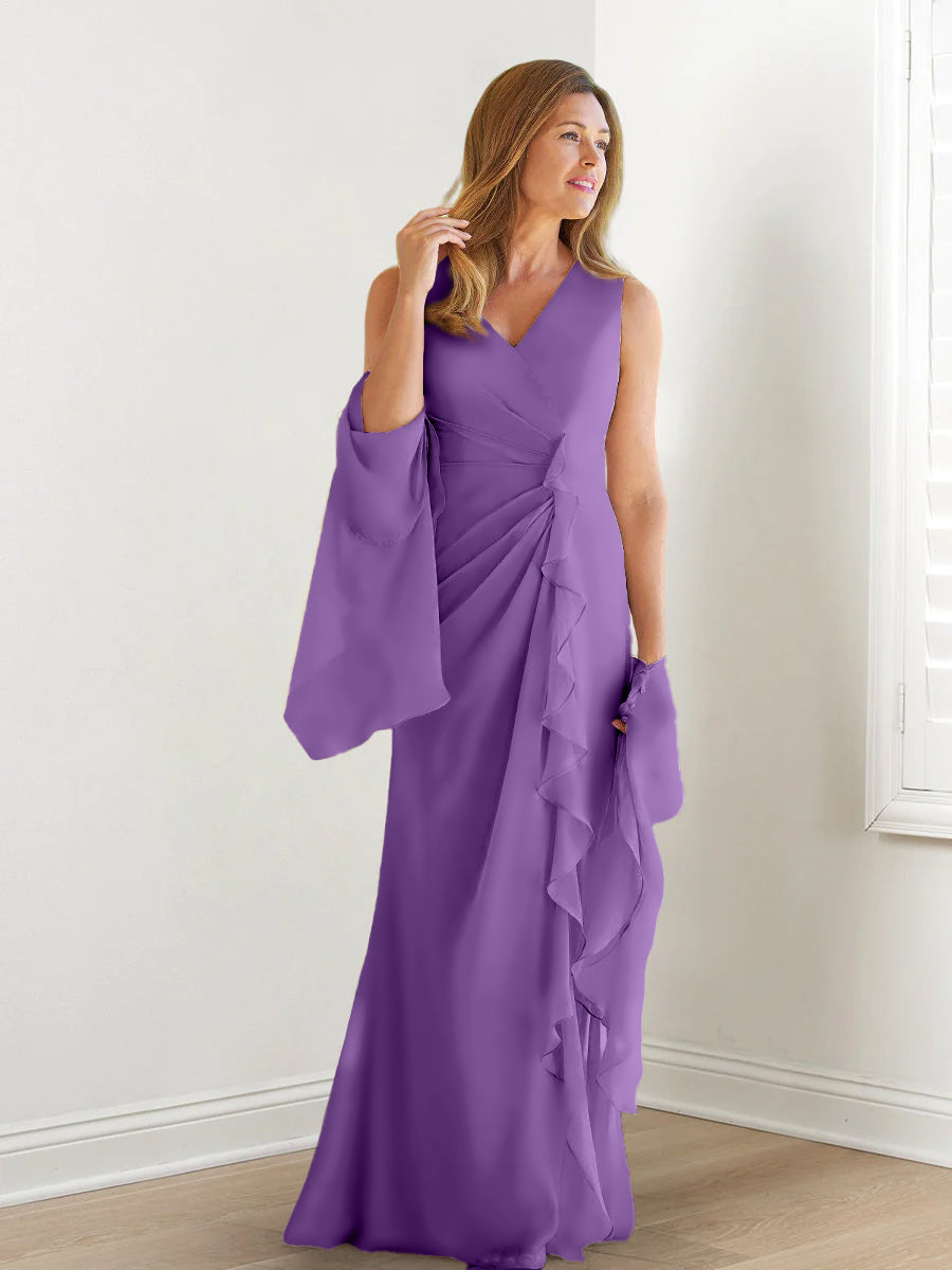 V-Neck Sleeveless Floor-Length Mother of the Bride Gown with Wraps & Ruffles