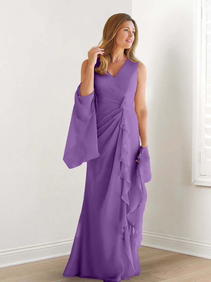 V-Neck Sleeveless Floor-Length Mother of the Bride Gown with Wraps & Ruffles