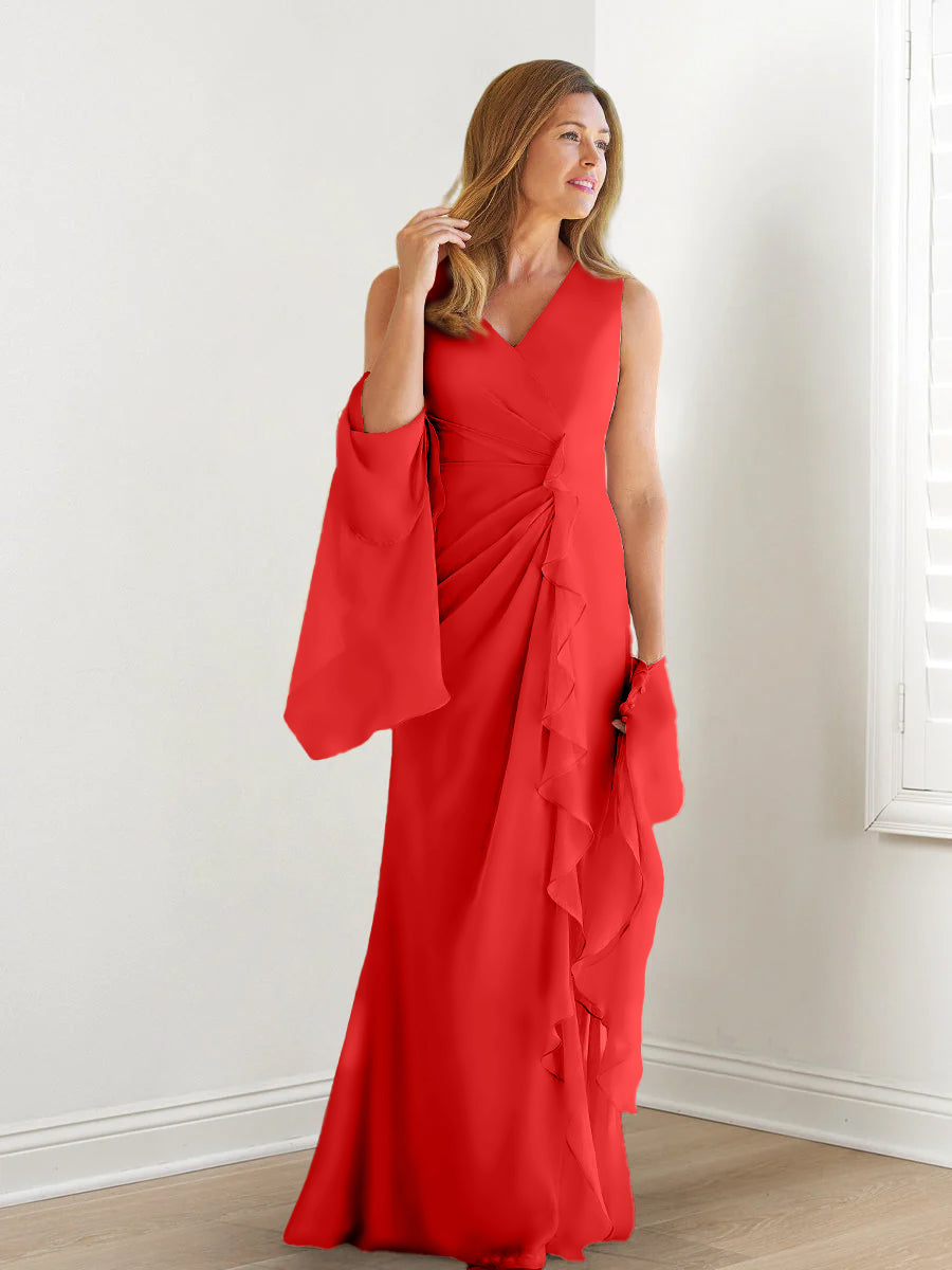 V-Neck Sleeveless Floor-Length Mother of the Bride Gown with Wraps & Ruffles