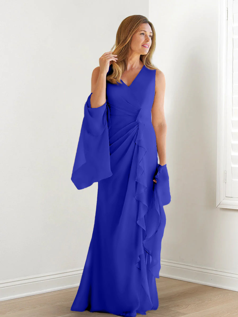 V-Neck Sleeveless Floor-Length Mother of the Bride Gown with Wraps & Ruffles