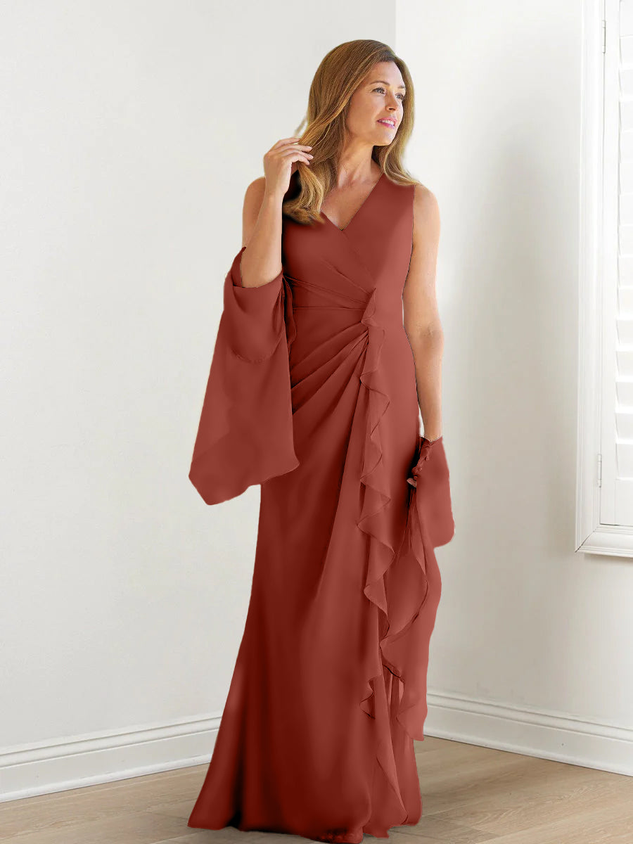 V-Neck Sleeveless Floor-Length Mother of the Bride Gown with Wraps & Ruffles