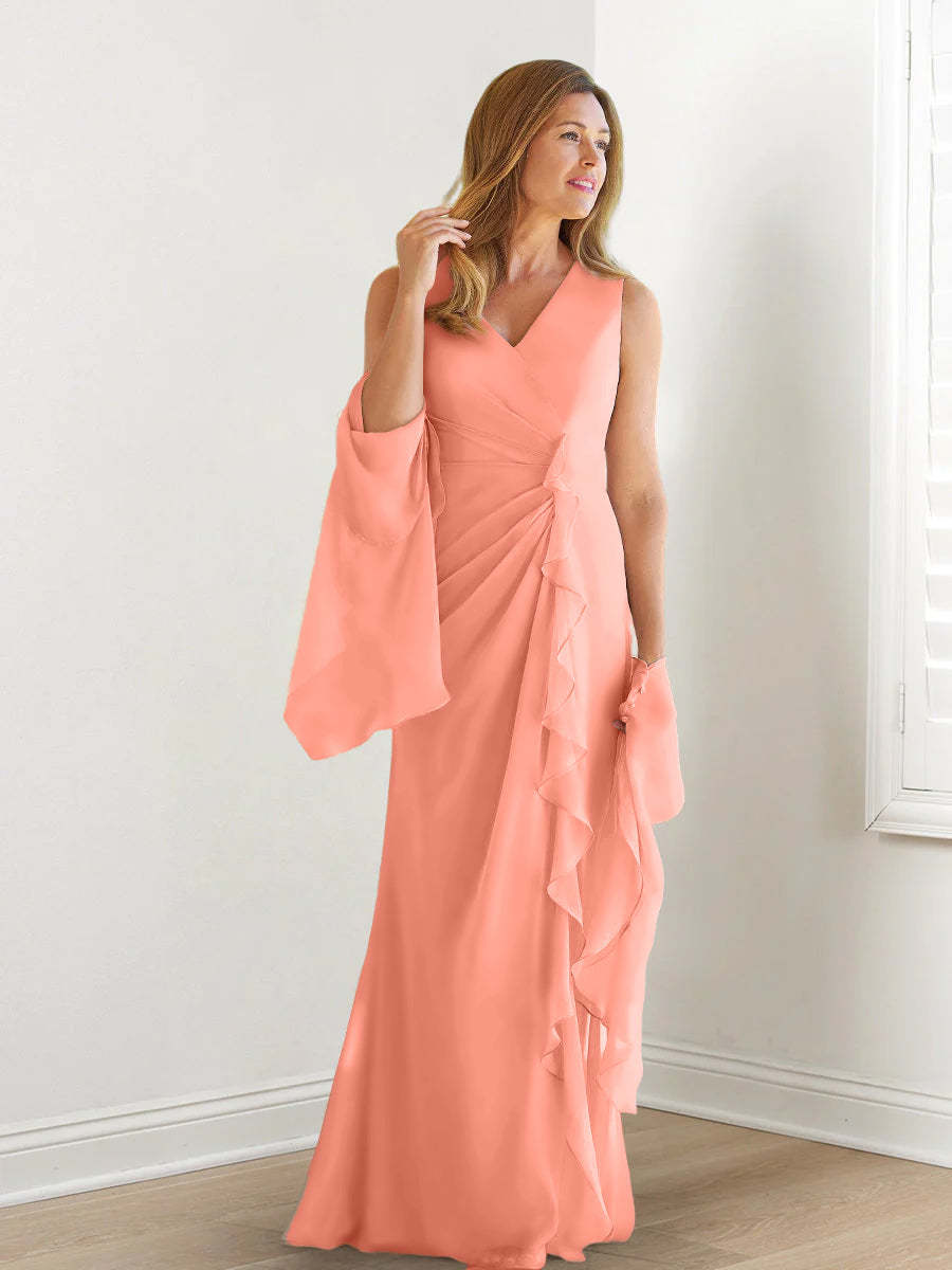 V-Neck Sleeveless Floor-Length Mother of the Bride Gown with Wraps & Ruffles