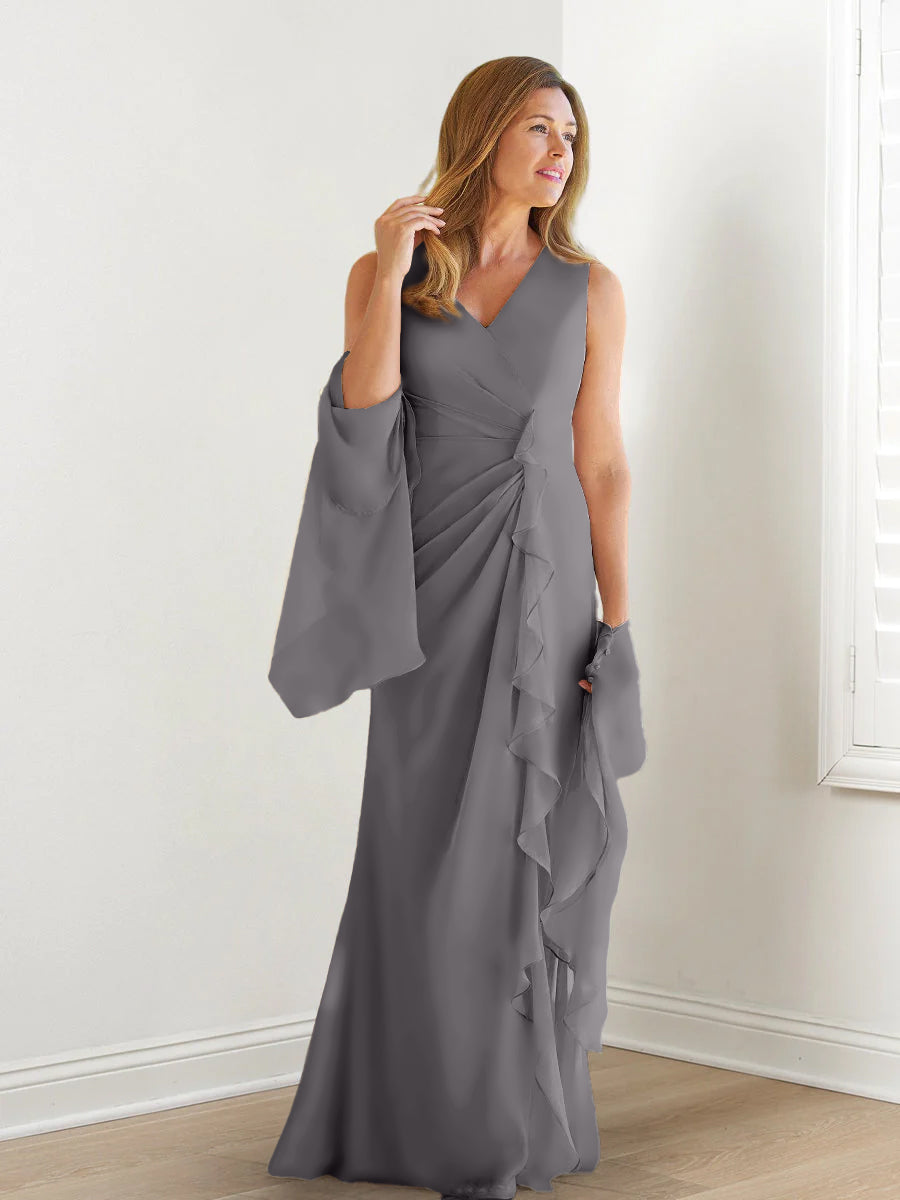 V-Neck Sleeveless Floor-Length Mother of the Bride Gown with Wraps & Ruffles