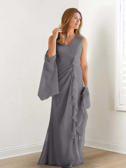 V-Neck Sleeveless Floor-Length Mother of the Bride Gown with Wraps & Ruffles