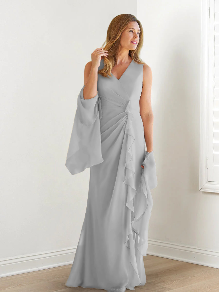 V-Neck Sleeveless Floor-Length Mother of the Bride Gown with Wraps & Ruffles