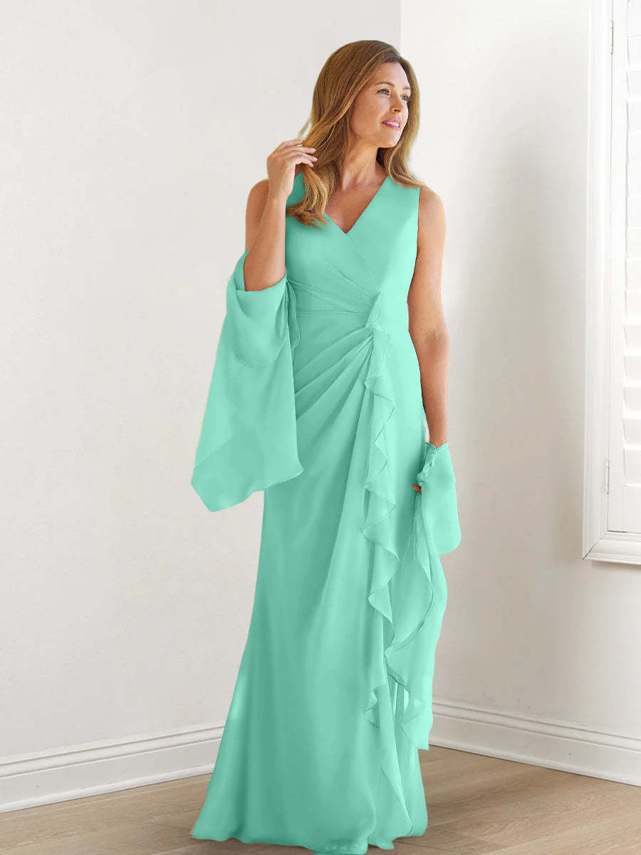 V-Neck Sleeveless Floor-Length Mother of the Bride Gown with Wraps & Ruffles