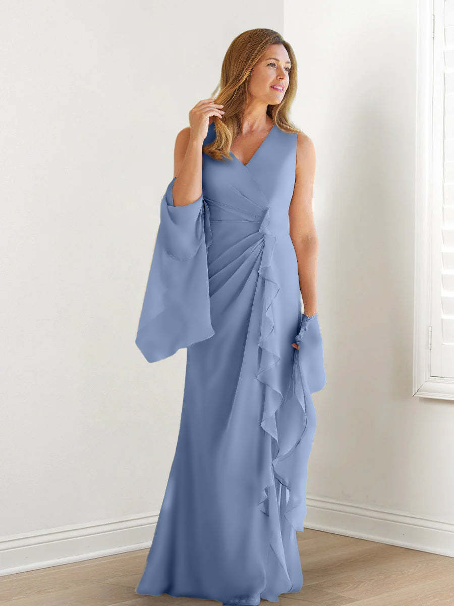 V-Neck Sleeveless Floor-Length Mother of the Bride Gown with Wraps & Ruffles