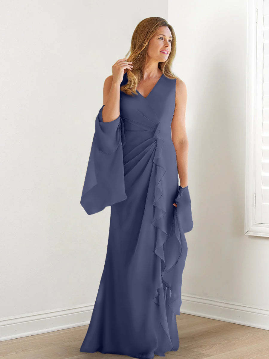 V-Neck Sleeveless Floor-Length Mother of the Bride Gown with Wraps & Ruffles