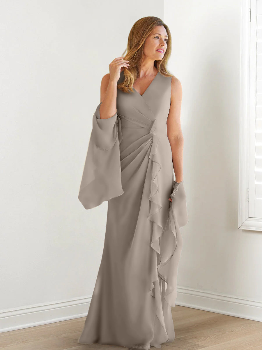V-Neck Sleeveless Floor-Length Mother of the Bride Gown with Wraps & Ruffles