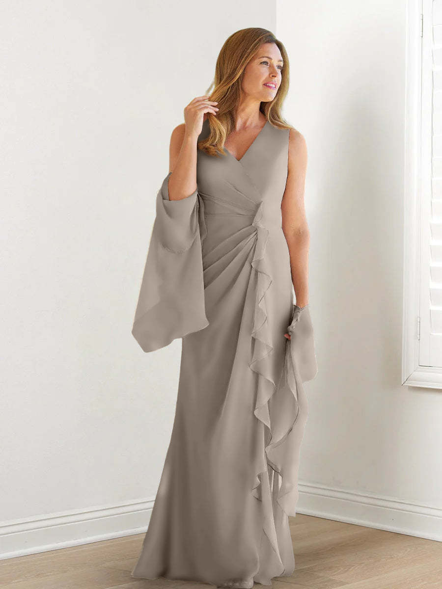 V-Neck Sleeveless Floor-Length Mother of the Bride Gown with Wraps & Ruffles