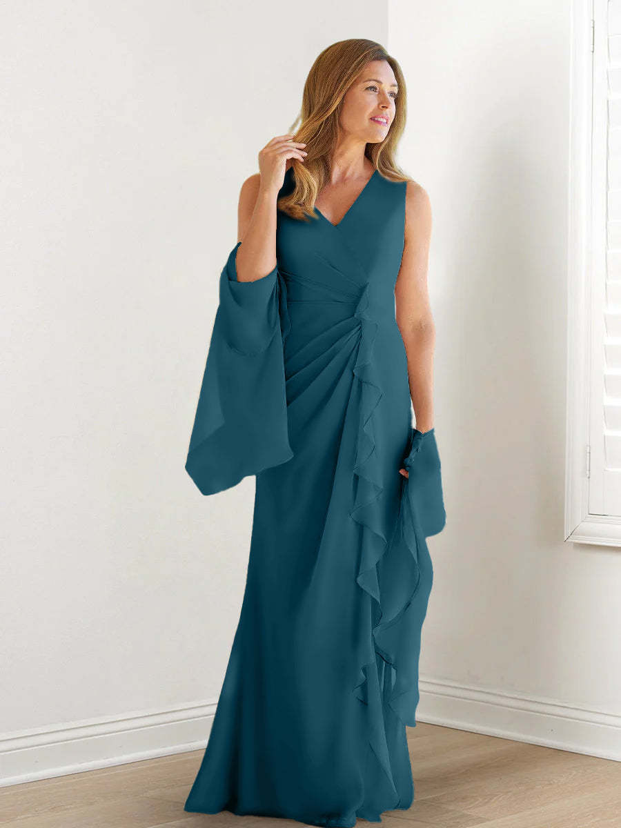 V-Neck Sleeveless Floor-Length Mother of the Bride Gown with Wraps & Ruffles