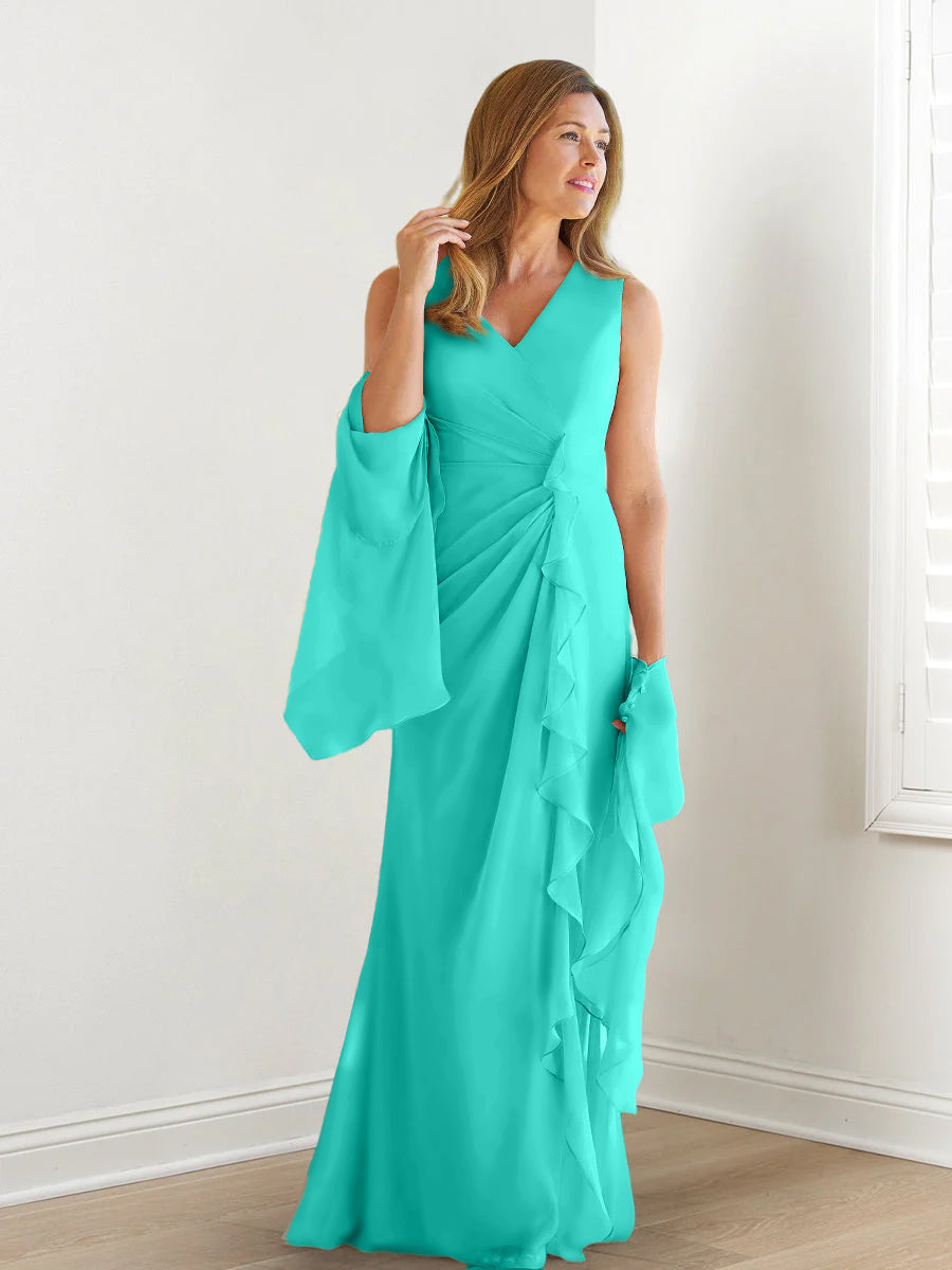 V-Neck Sleeveless Floor-Length Mother of the Bride Gown with Wraps & Ruffles