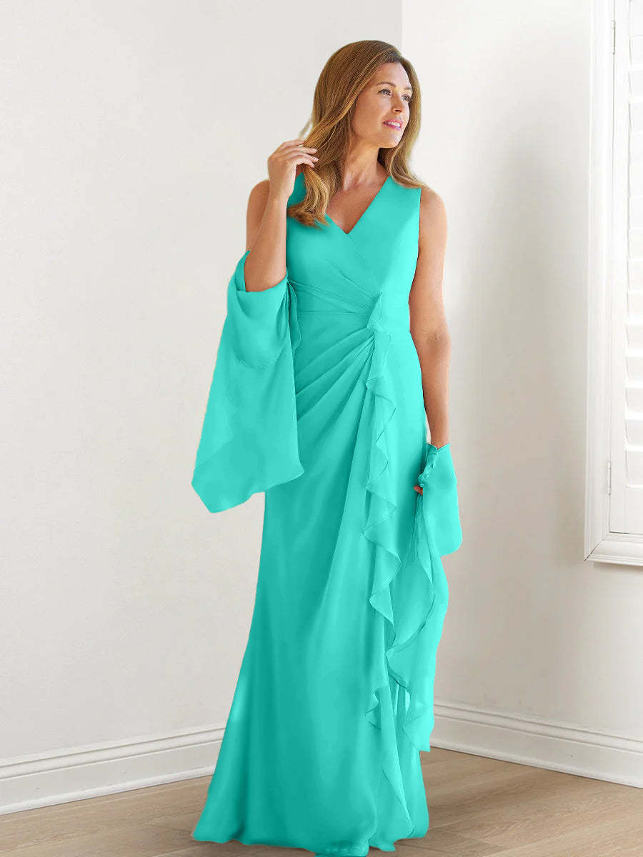 V-Neck Sleeveless Floor-Length Mother of the Bride Gown with Wraps & Ruffles