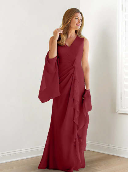 V-Neck Sleeveless Floor-Length Mother of the Bride Gown with Wraps & Ruffles