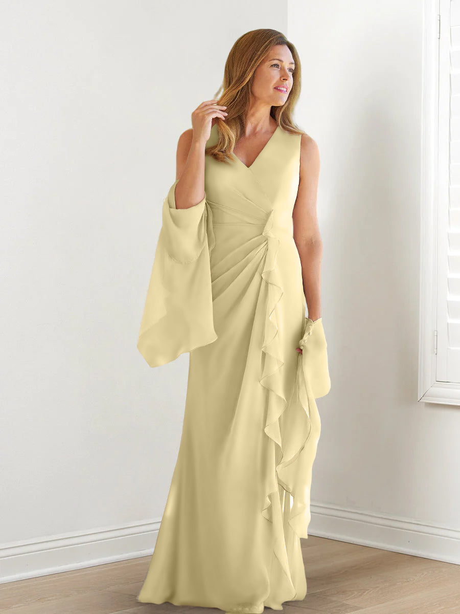 V-Neck Sleeveless Floor-Length Mother of the Bride Gown with Wraps & Ruffles