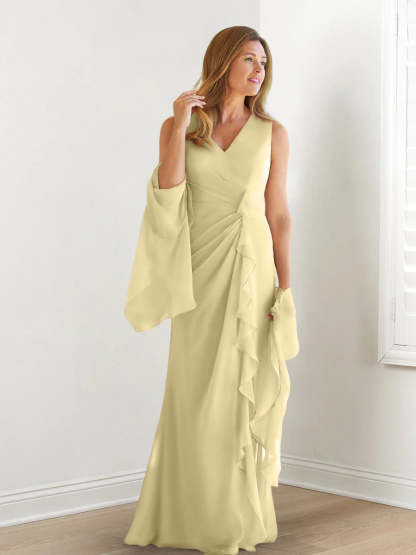 V-Neck Sleeveless Floor-Length Mother of the Bride Gown with Wraps & Ruffles