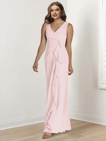 V-Neck Sleeveless Floor-Length Plus Size Mother of the Bride Sheath Dress with Wrap