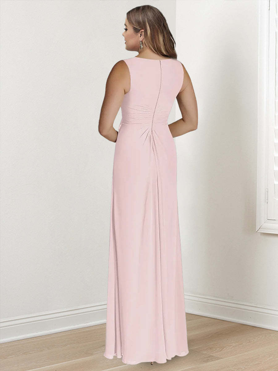V-Neck Sleeveless Floor-Length Plus Size Mother of the Bride Sheath Dress with Wrap