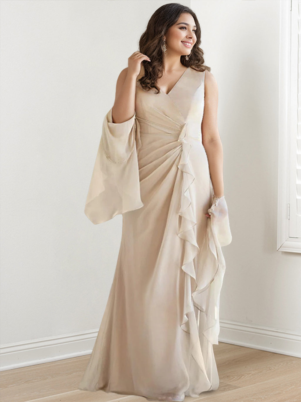 V-Neck Sleeveless Floor-Length Mother of the Bride Gown with Wraps & Ruffles