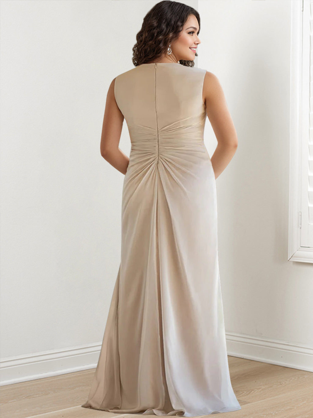 V-Neck Sleeveless Floor-Length Mother of the Bride Gown with Wraps & Ruffles