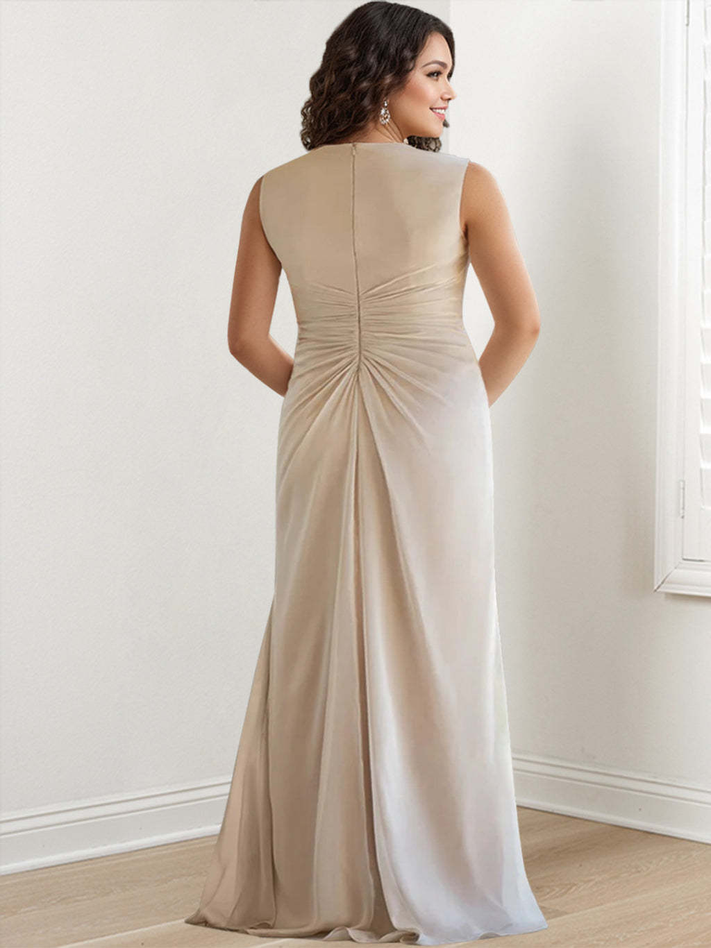 V-Neck Sleeveless Floor-Length Mother of the Bride Gown with Wraps & Ruffles