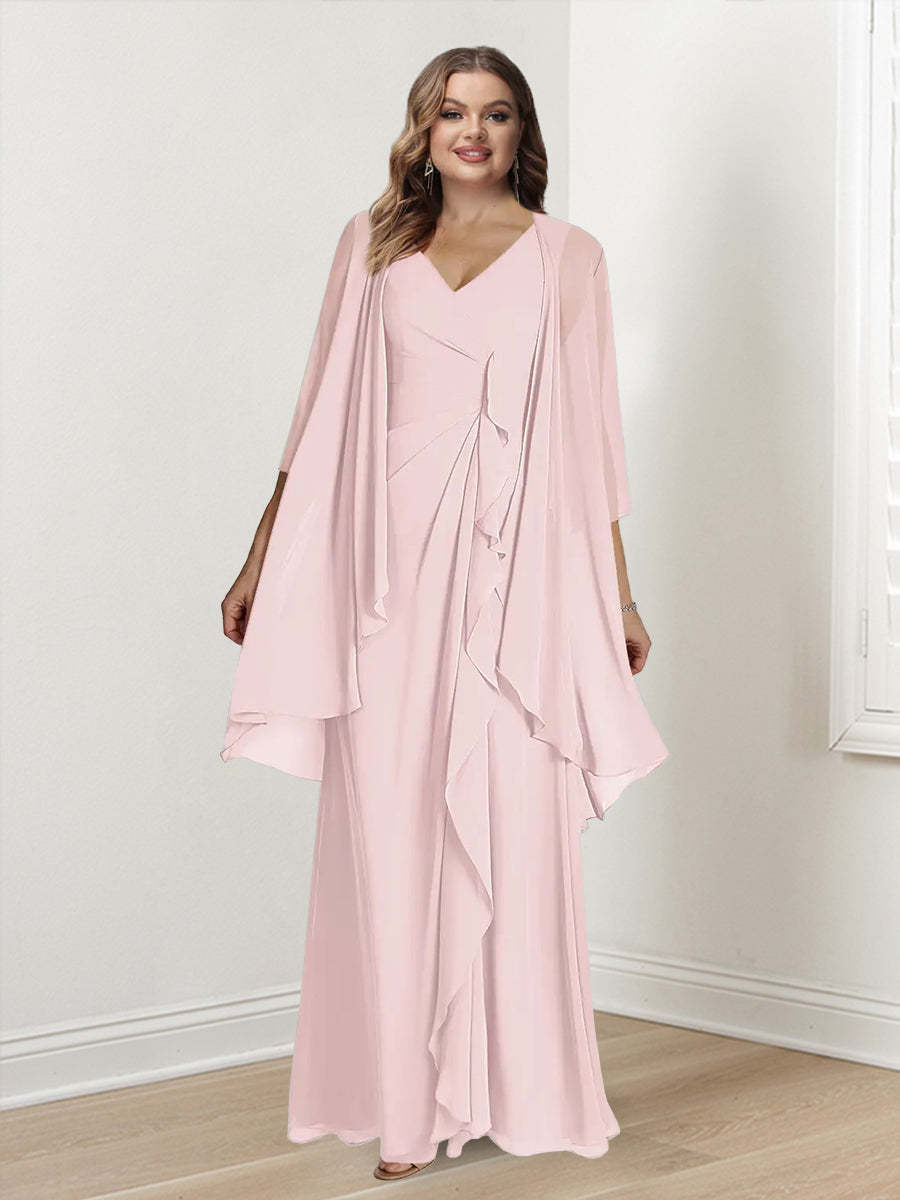 V-Neck Sleeveless Floor-Length Plus Size Mother of the Bride Sheath Dress with Wrap
