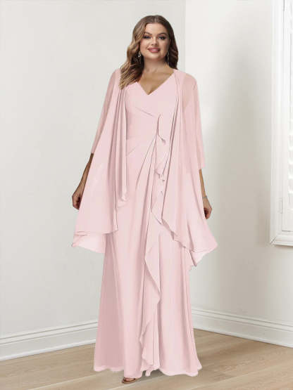 V-Neck Sleeveless Floor-Length Plus Size Mother of the Bride Sheath Dress with Wrap