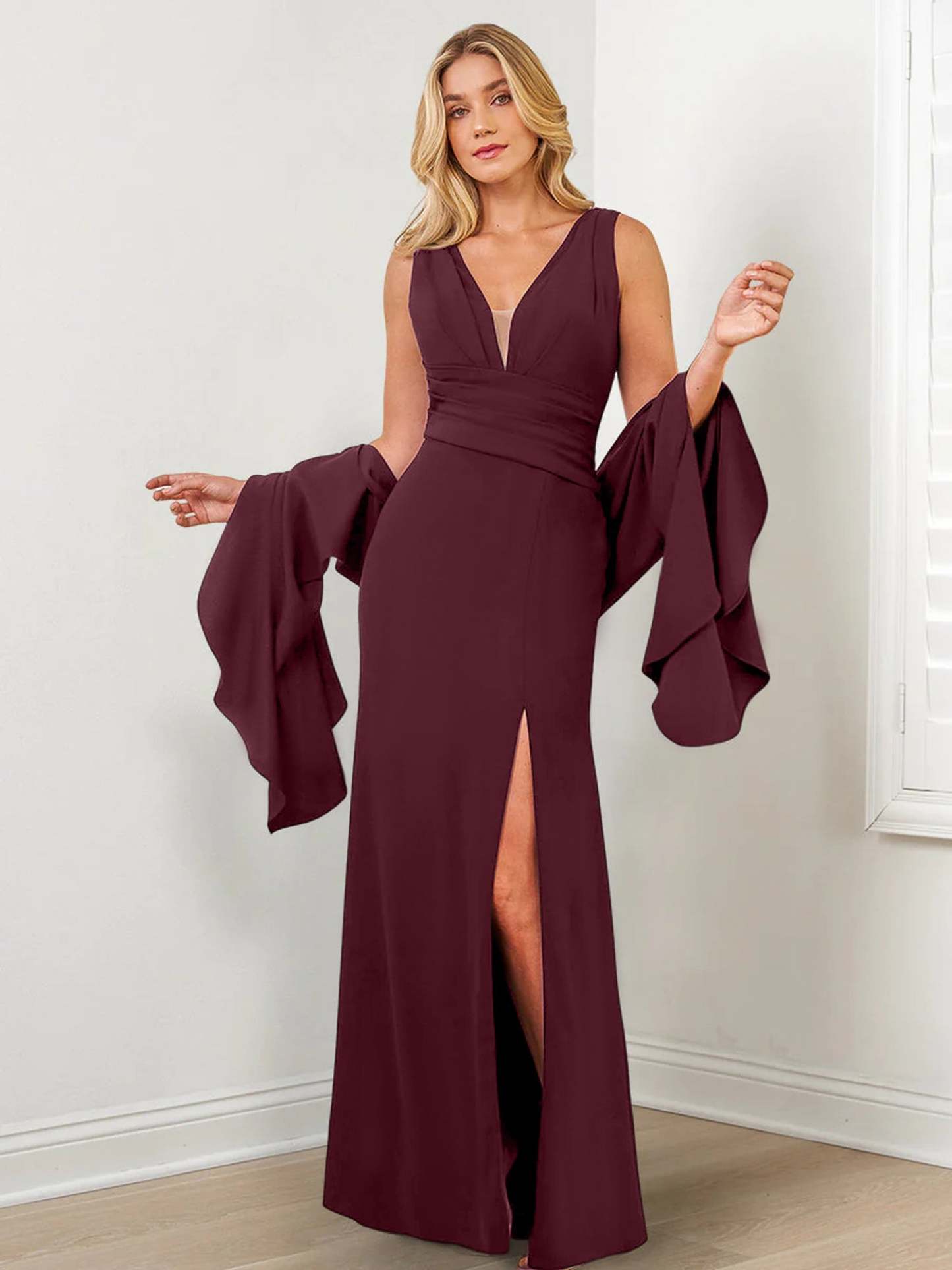 V-Neck Mother of the Bride Column Dresses with Side Split & Wraps