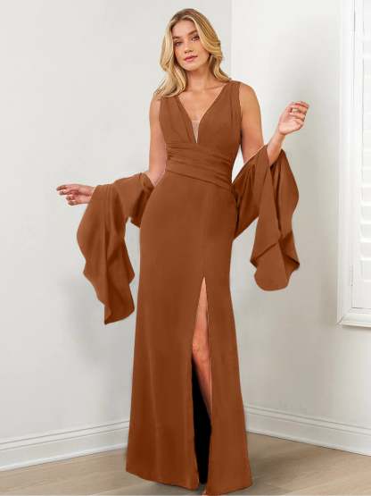 V-Neck Mother of the Bride Column Dresses with Side Split & Wraps