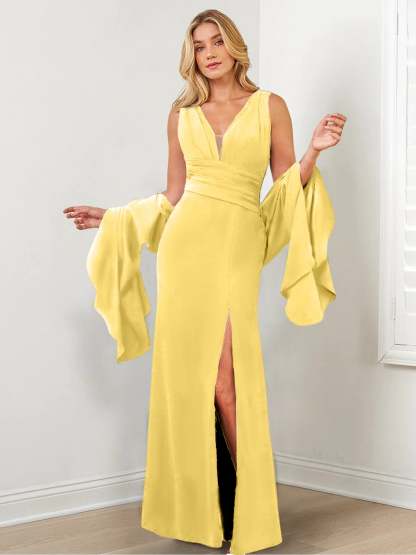 V-Neck Mother of the Bride Column Dresses with Side Split & Wraps