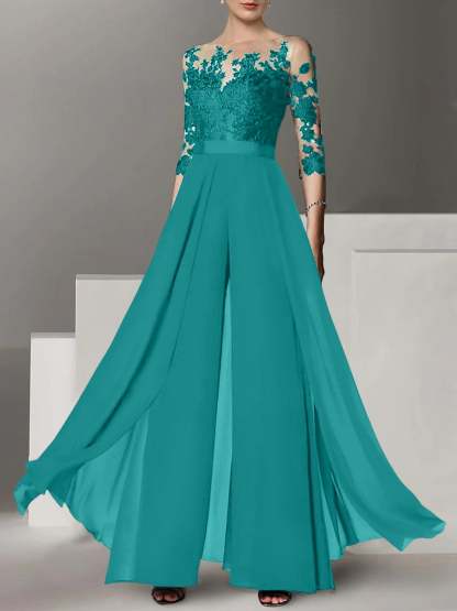 Princess Jewel Neck A-Line Floor-Length Mother of the Bride Pantsuit with Applique and 3/4 Sleeves