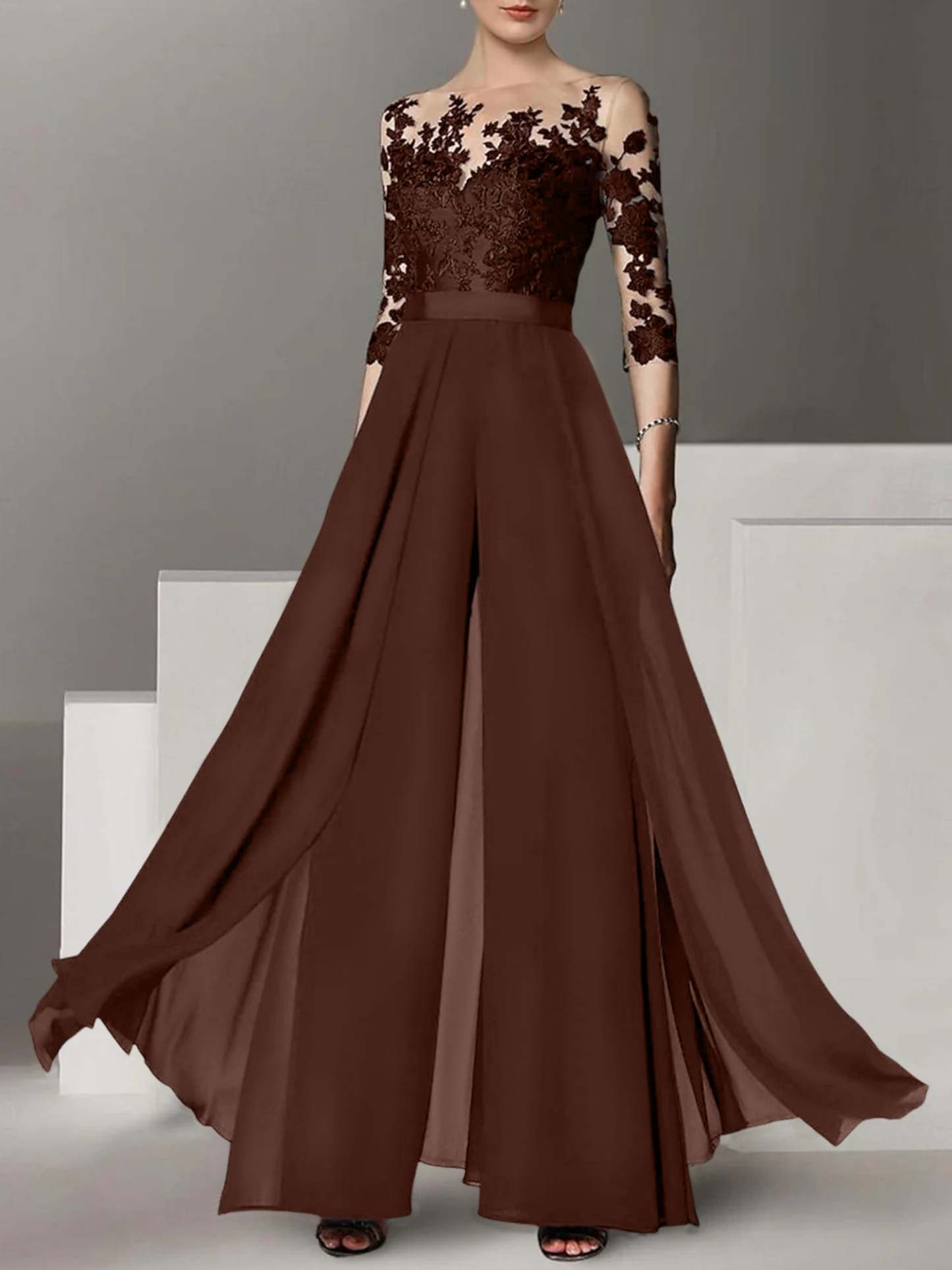Princess Jewel Neck A-Line Floor-Length Mother of the Bride Pantsuit with Applique and 3/4 Sleeves