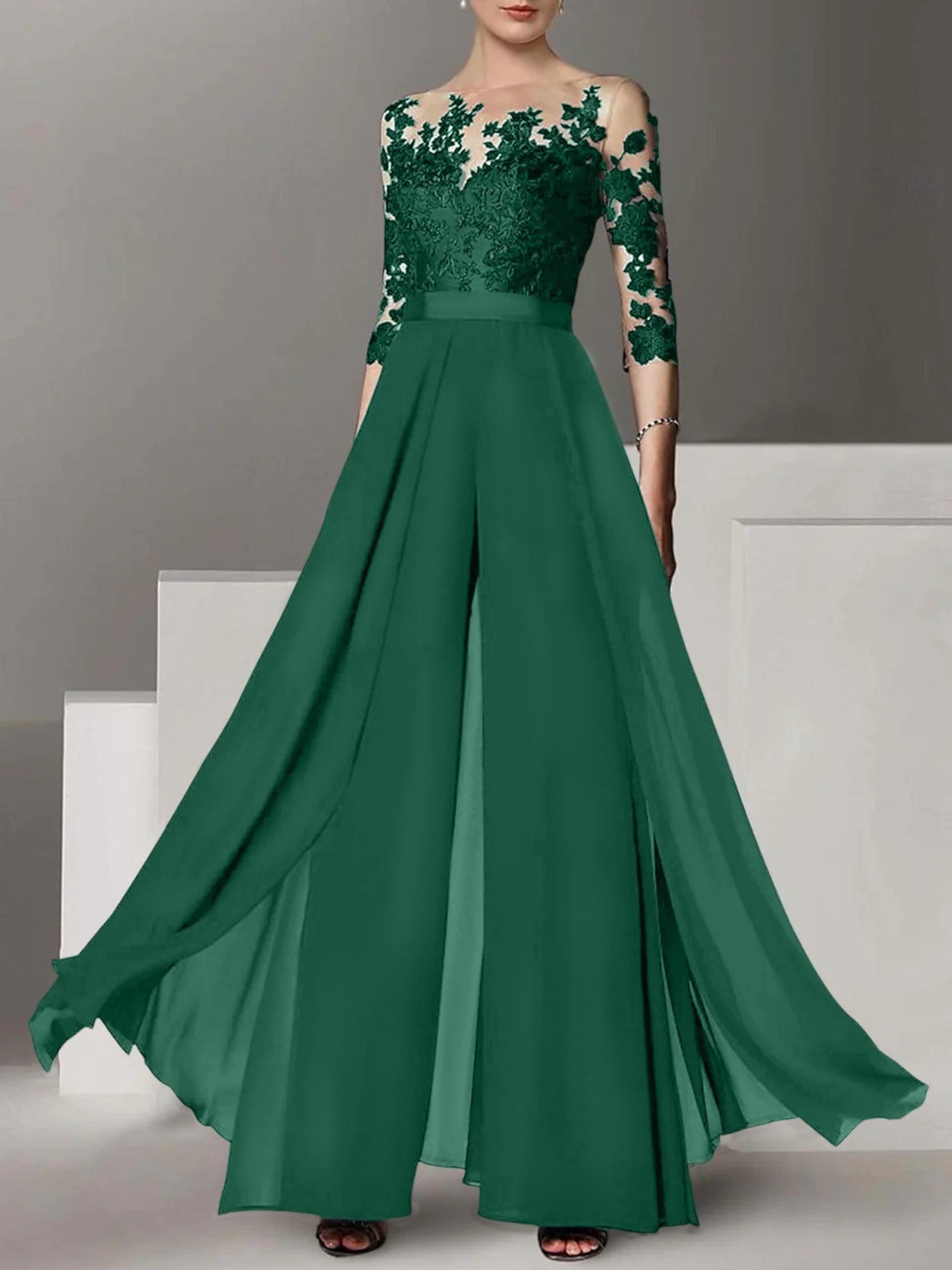 Princess Jewel Neck A-Line Floor-Length Mother of the Bride Pantsuit with Applique and 3/4 Sleeves