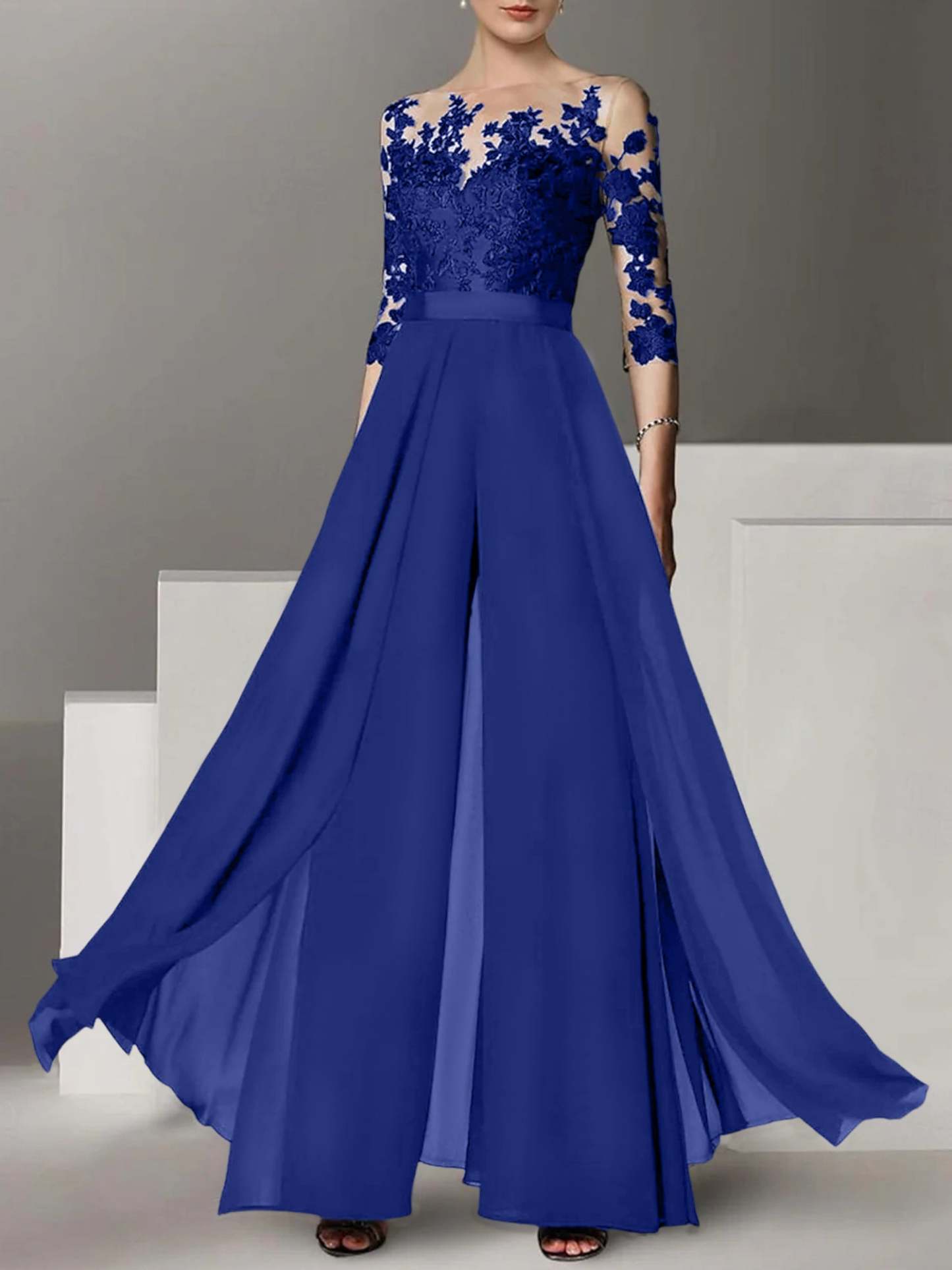 Princess Jewel Neck A-Line Floor-Length Mother of the Bride Pantsuit with Applique and 3/4 Sleeves