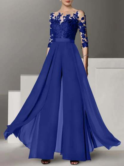 Princess Jewel Neck A-Line Floor-Length Mother of the Bride Pantsuit with Applique and 3/4 Sleeves