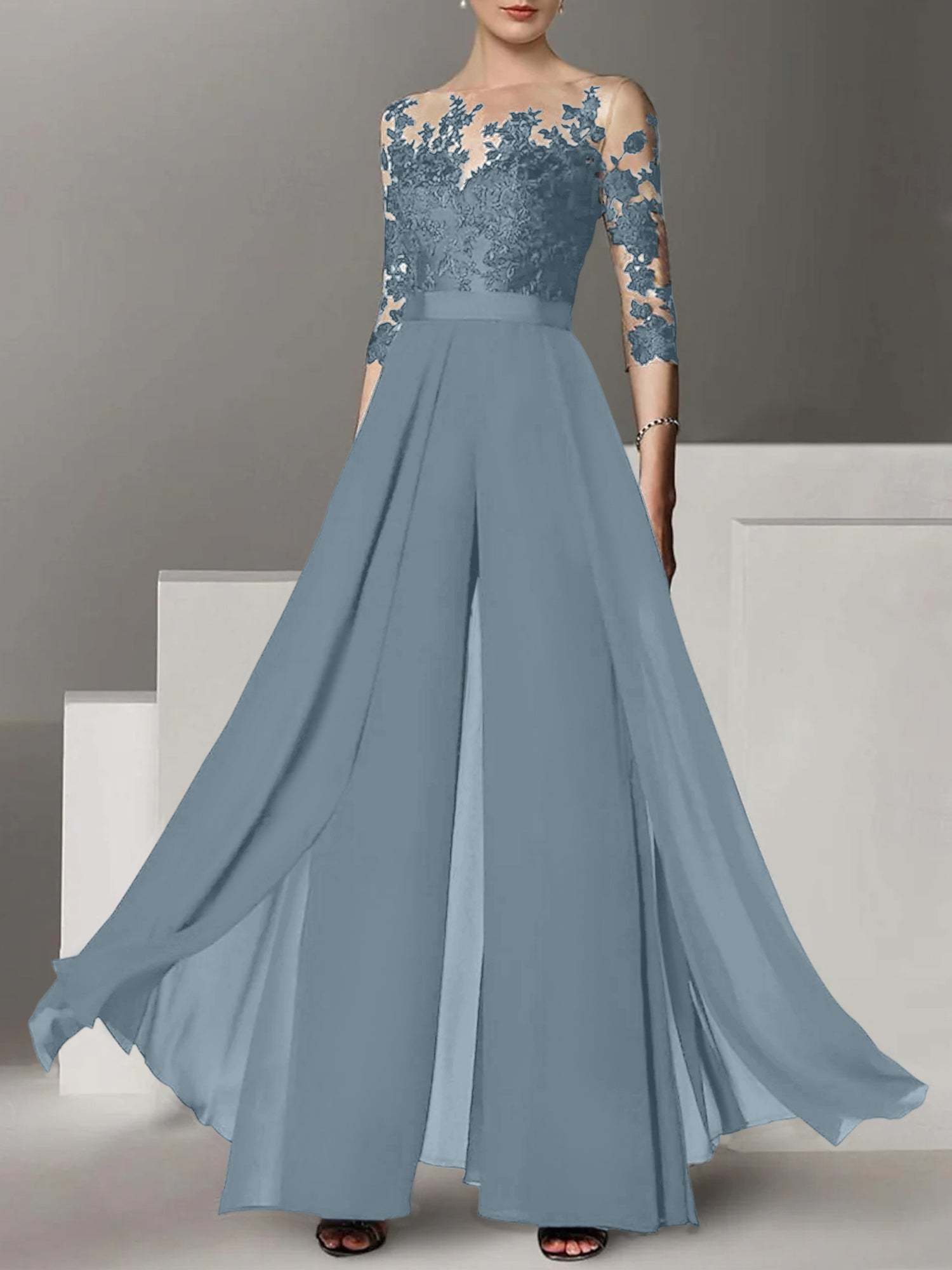 Princess Jewel Neck A-Line Floor-Length Mother of the Bride Pantsuit with Applique and 3/4 Sleeves