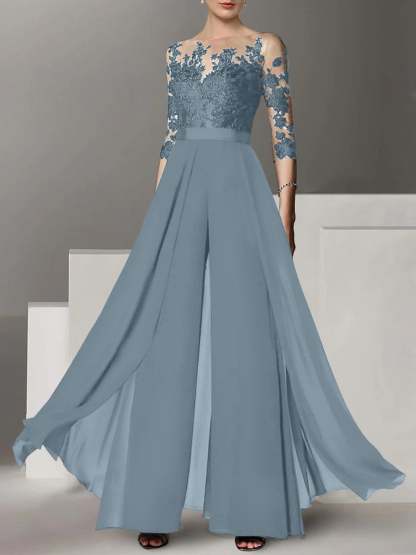 Princess Jewel Neck A-Line Floor-Length Mother of the Bride Pantsuit with Applique and 3/4 Sleeves