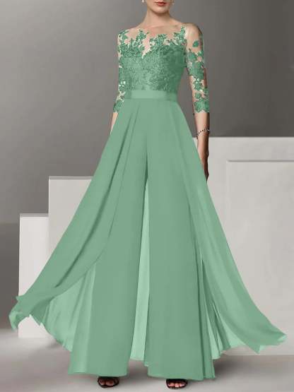 Princess Jewel Neck A-Line Floor-Length Mother of the Bride Pantsuit with Applique and 3/4 Sleeves