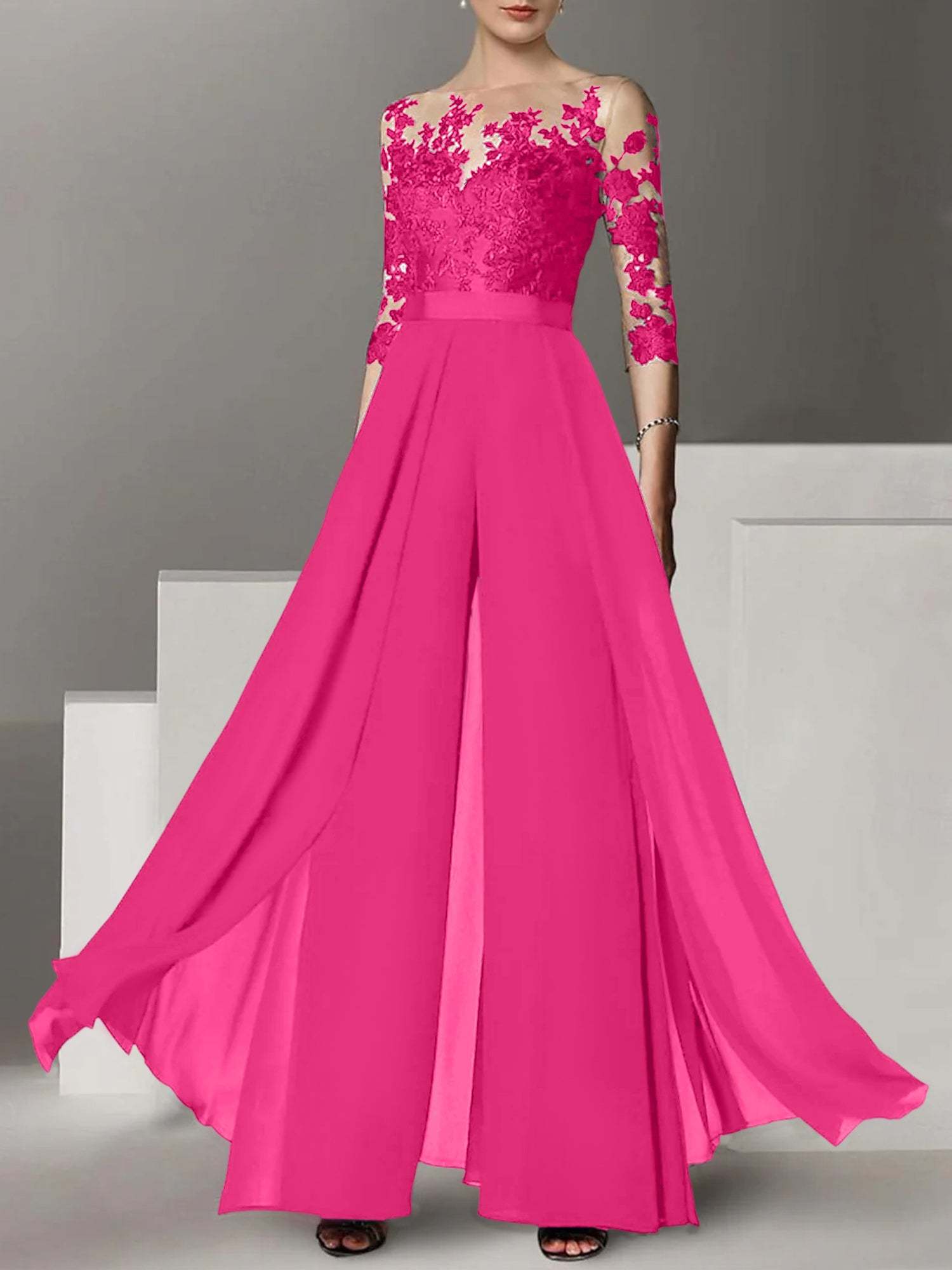Princess Jewel Neck A-Line Floor-Length Mother of the Bride Pantsuit with Applique and 3/4 Sleeves