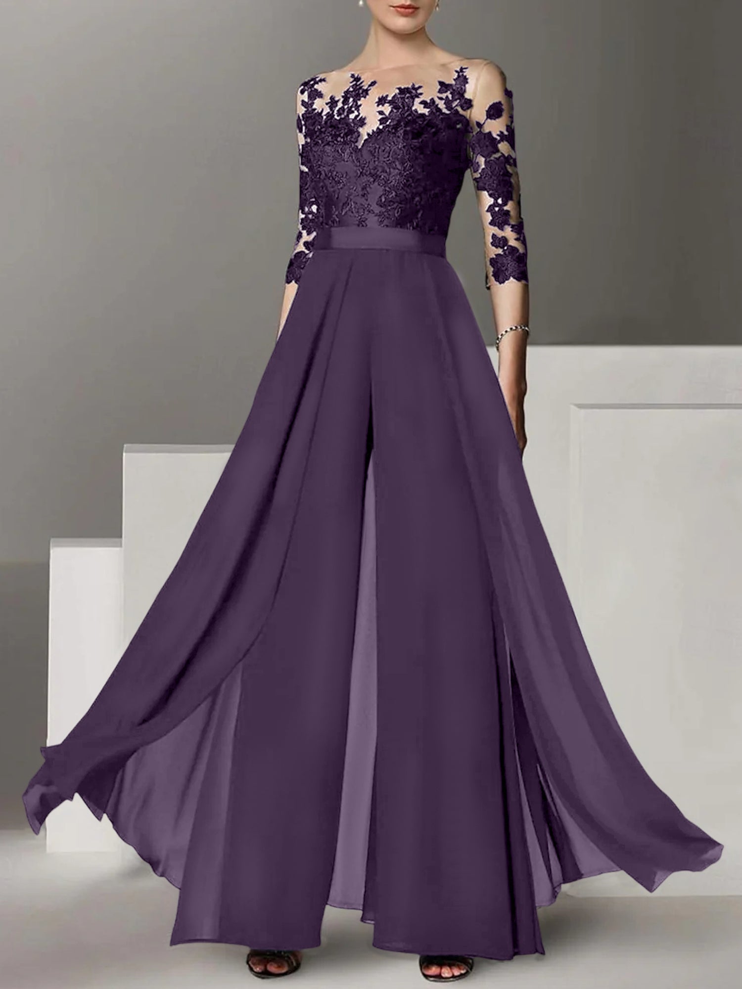 Princess Jewel Neck A-Line Floor-Length Mother of the Bride Pantsuit with Applique and 3/4 Sleeves