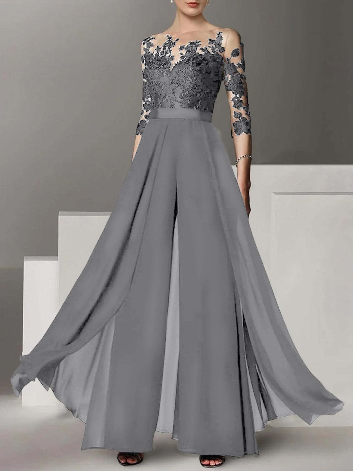 Princess Jewel Neck A-Line Floor-Length Mother of the Bride Pantsuit with Applique and 3/4 Sleeves