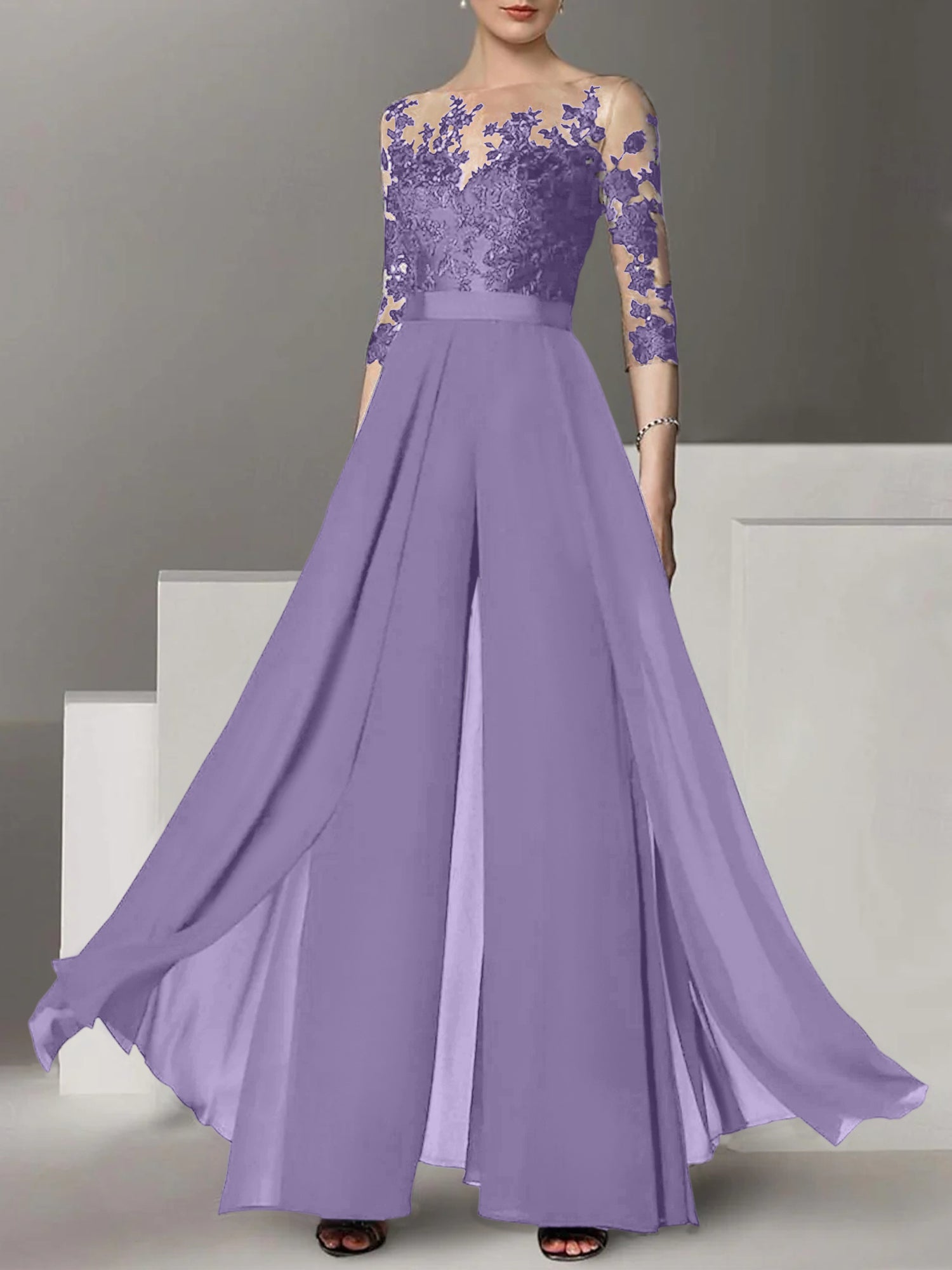 Princess Jewel Neck A-Line Floor-Length Mother of the Bride Pantsuit with Applique and 3/4 Sleeves